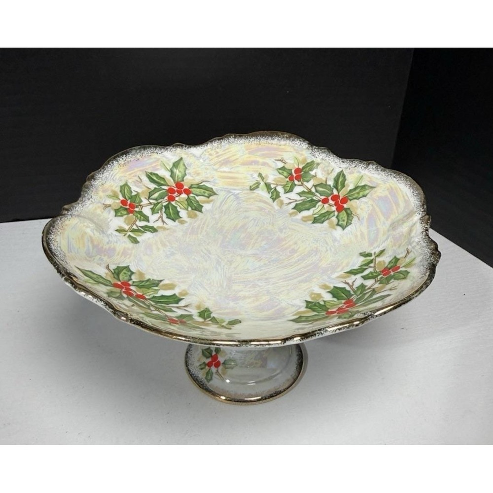 VTG Porcelain Holiday Lusterware Candy Compote Holly By Sterling China Japan SER